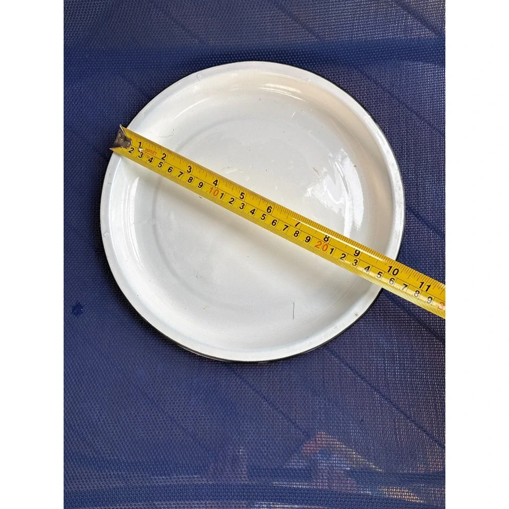 Vintage White Enamelware Bowl and Saucer Set Black Rim Farmhouse Decor